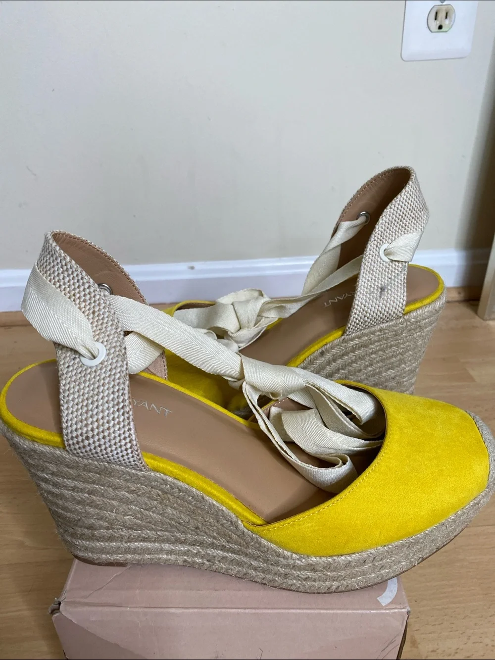 Lane Bryant Yellow Suede Espadrille Wedge Sandals with Cream Wraps